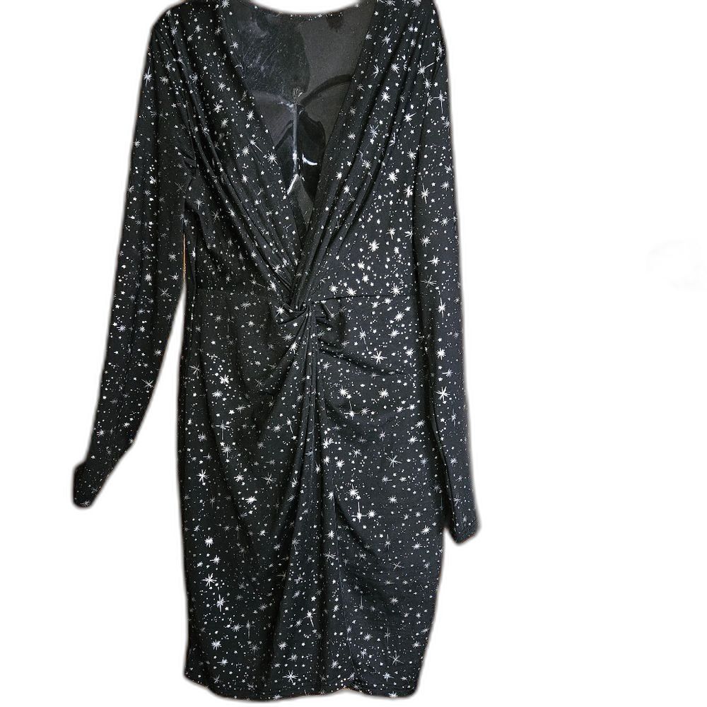SHEIN Black Star Print Midi Dress‎ V-Neck Sexy Elegant Celestial Whimsigoth L